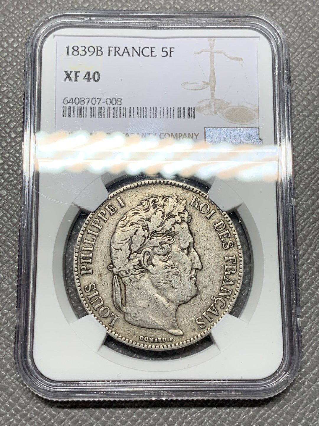 《竞宝斋》第123场-周日，周一 ，2场连拍（全场包邮） NGC-XF40 法国1839-B年 菲利普一世 5法郎大银币 原味老包浆