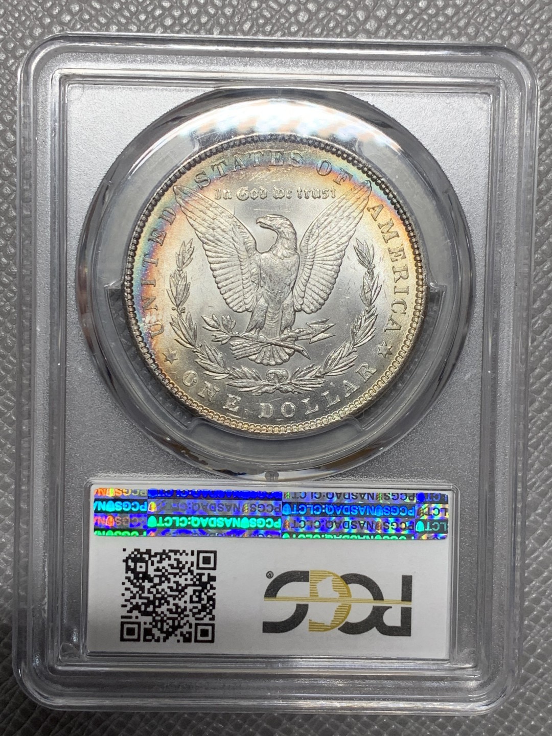 《竞宝斋》第123场-周日，周一 ，2场连拍（全场包邮） PCGS MS64 美国 1887年 摩根银币 五彩+环彩包浆 状态非常好