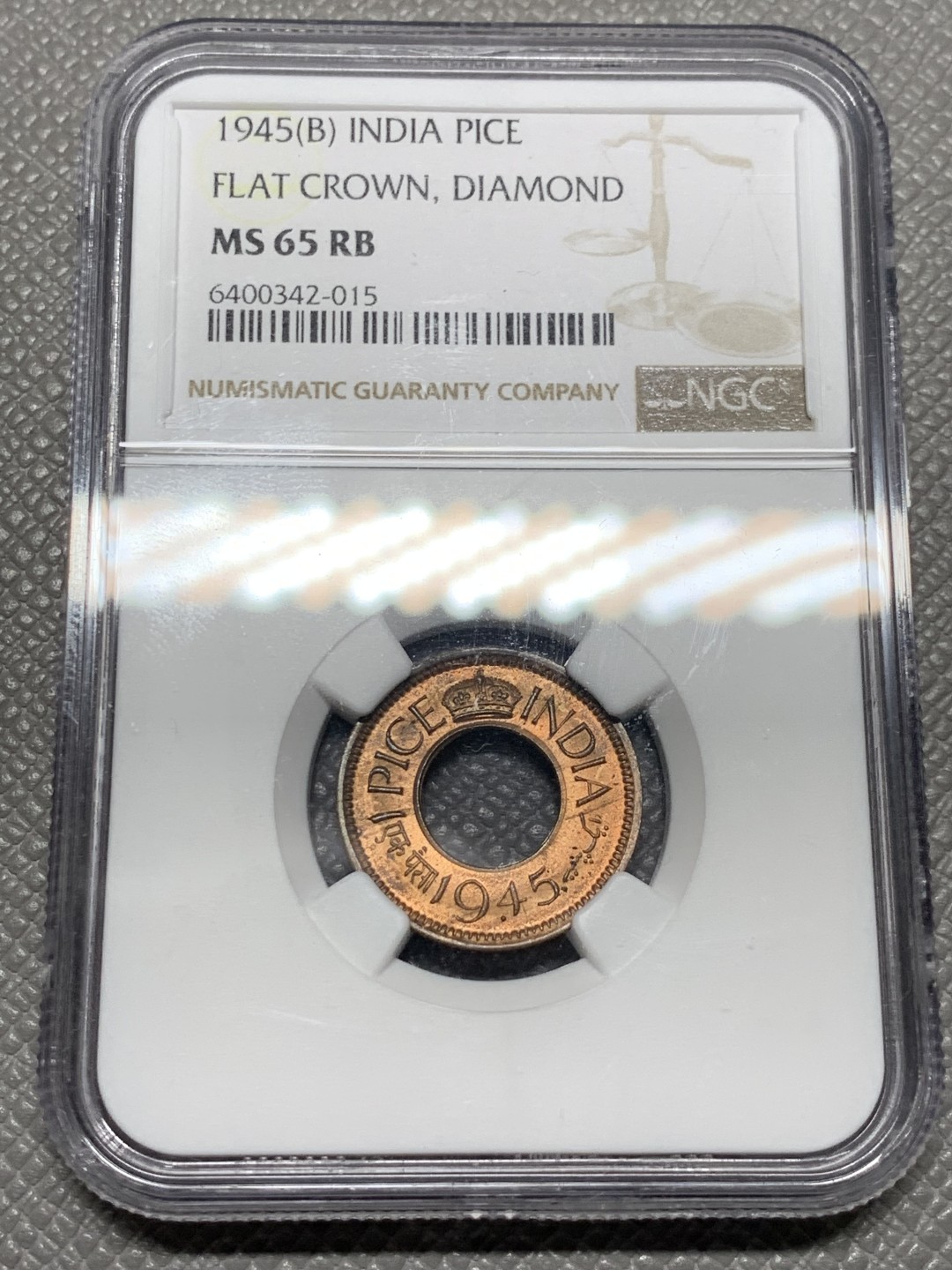 《竞宝斋》第123场-周日，周一 ，2场连拍（全场包邮） NGC-MS65RB 1945年  英属印度 1分