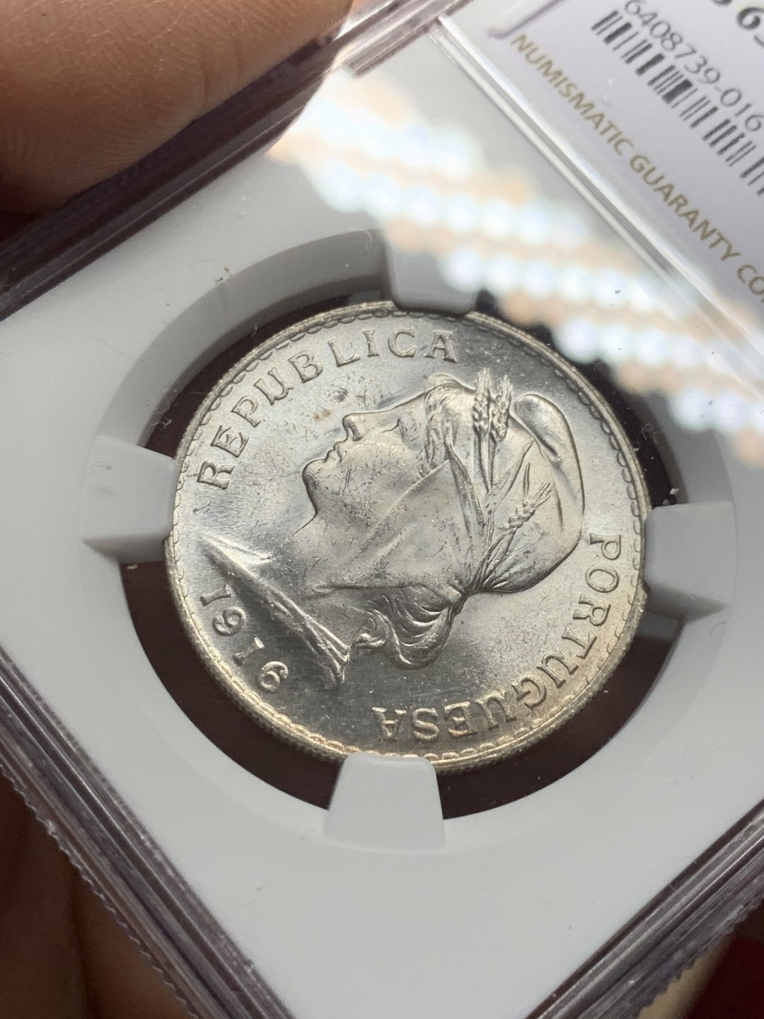 《竞宝斋》第123场-周日，周一 ，2场连拍（全场包邮） NGC-MS63 葡萄牙1916年 自由女神半圆银币 顶级曝光