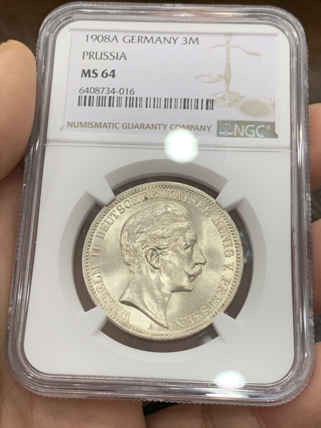 《竞宝斋》第123场-周日，周一 ，2场连拍（全场包邮） NGC-MS64 德国普鲁士1908年 威廉二世 3马克银币 耀眼的车轮光