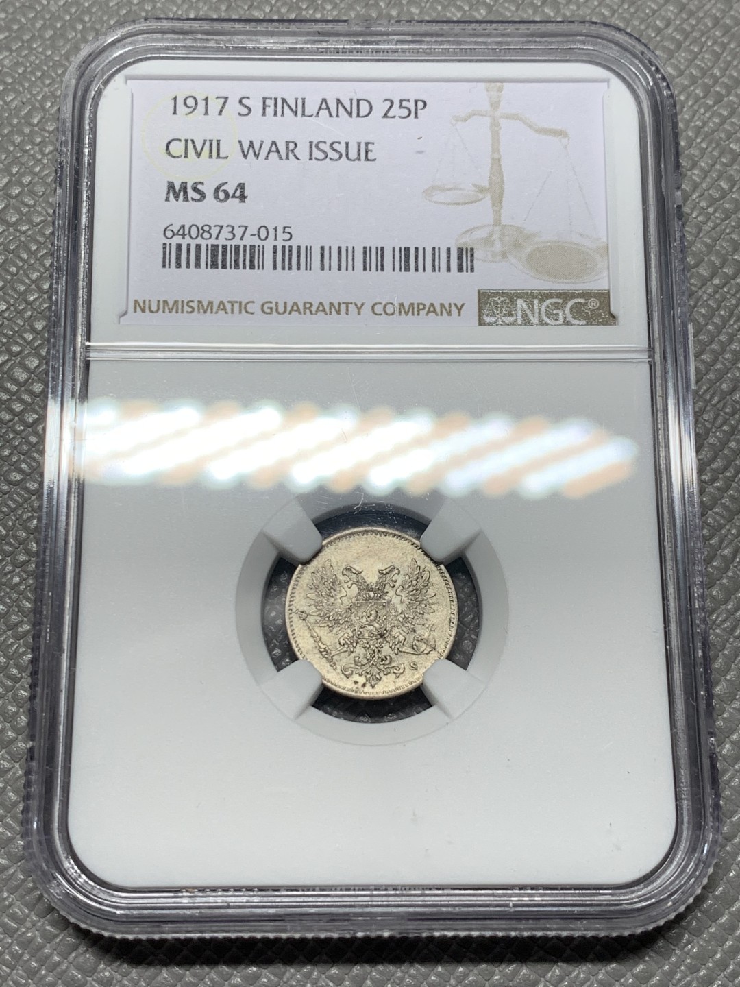 《竞宝斋》第123场-周日，周一 ，2场连拍（全场包邮） NGC-MS64 俄属芬兰1917年 双头鹰25P银币 原光好品