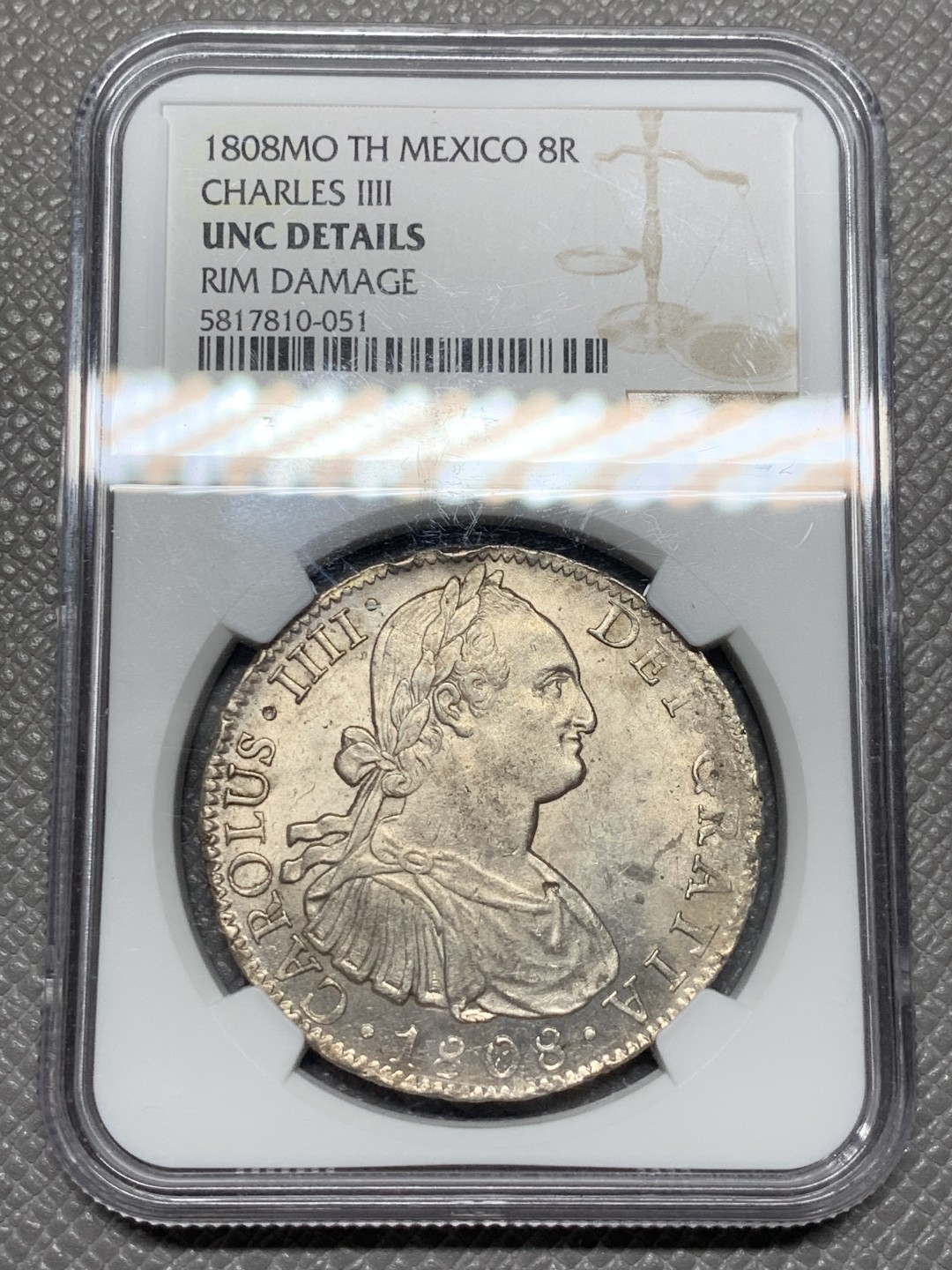 《竞宝斋》第123场-周日，周一 ，2场连拍（全场包邮） NGC UNC 墨西哥 1808年 卡四 双柱 8R 大银币 正反深打底光好 状态见图