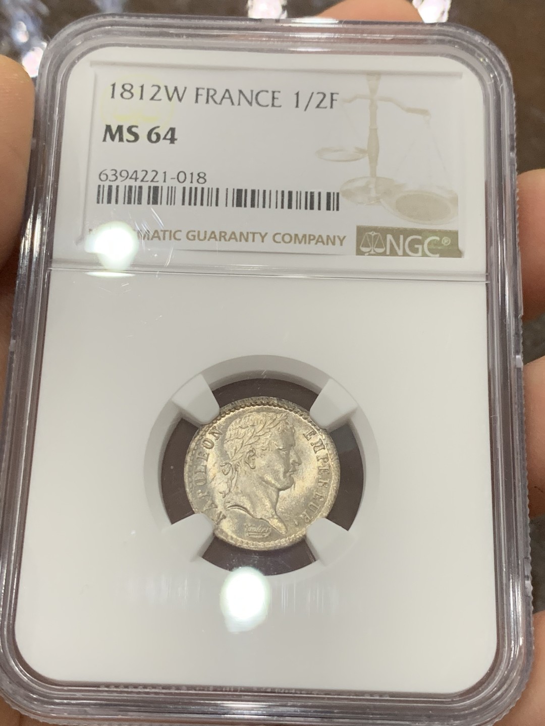 《竞宝斋》第123场-周日，周一 ，2场连拍（全场包邮） 唯一冠军分 NGC MS64 法国 1812W 拿破仑 1/2法郎 银币 超品状态 可收藏
