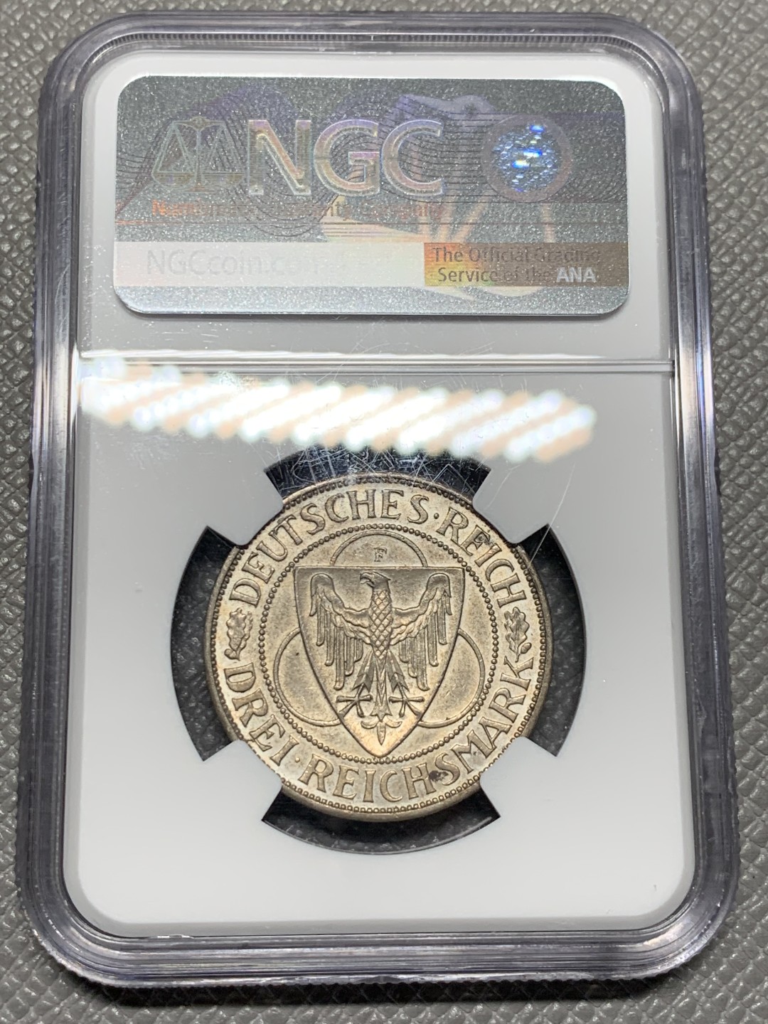 《竞宝斋》第123场-周日，周一 ，2场连拍（全场包邮） NGC-MS62 1930F年 德国魏玛莱茵解放，鹰桥3马克银币，F厂比A厂的铸造量少很多