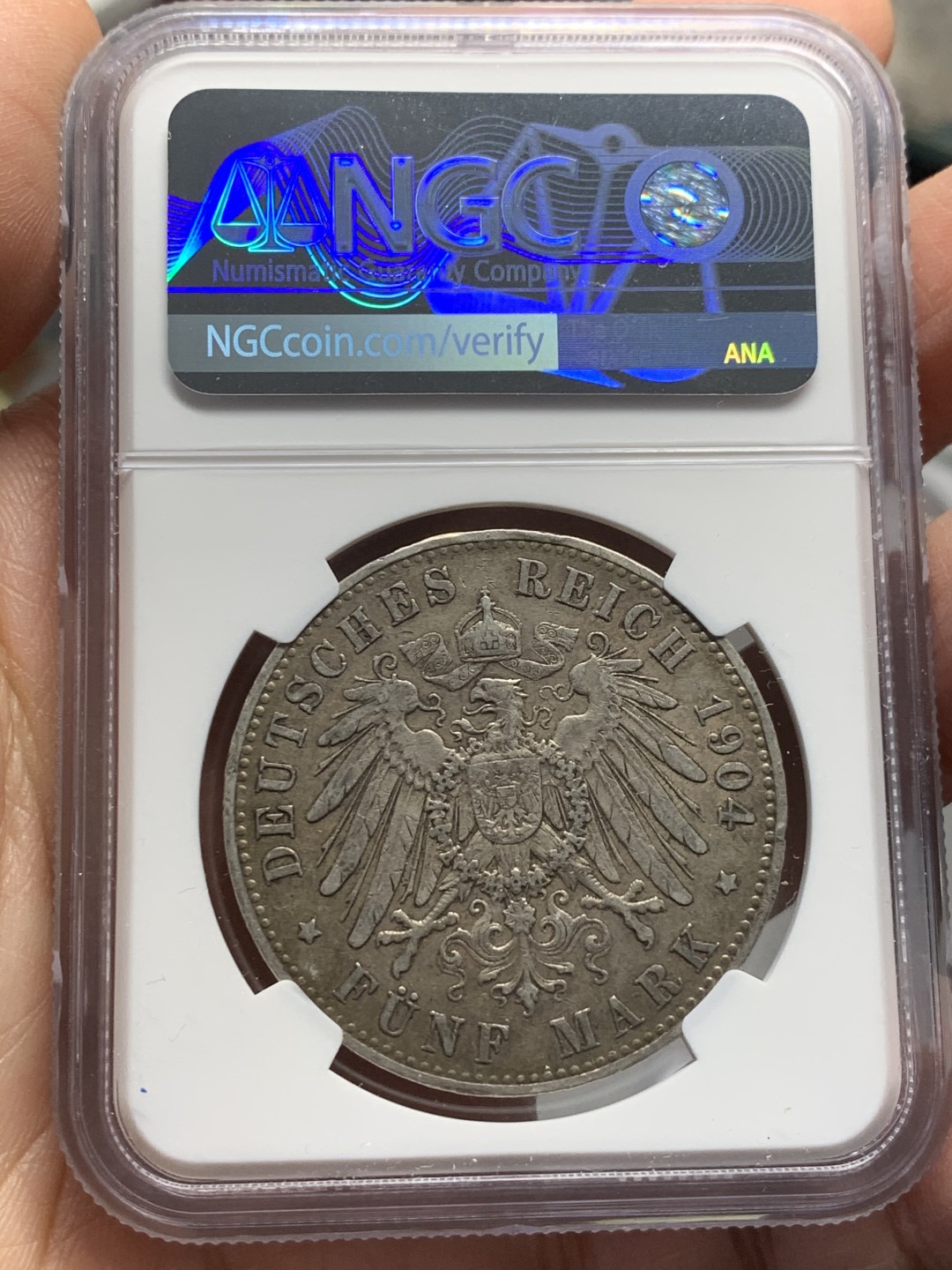 《竞宝斋》第123场-周日，周一 ，2场连拍（全场包邮） NGC-XF45 德国普鲁士 1904年 威廉二世 5马克大银币 原味好品 出分难得