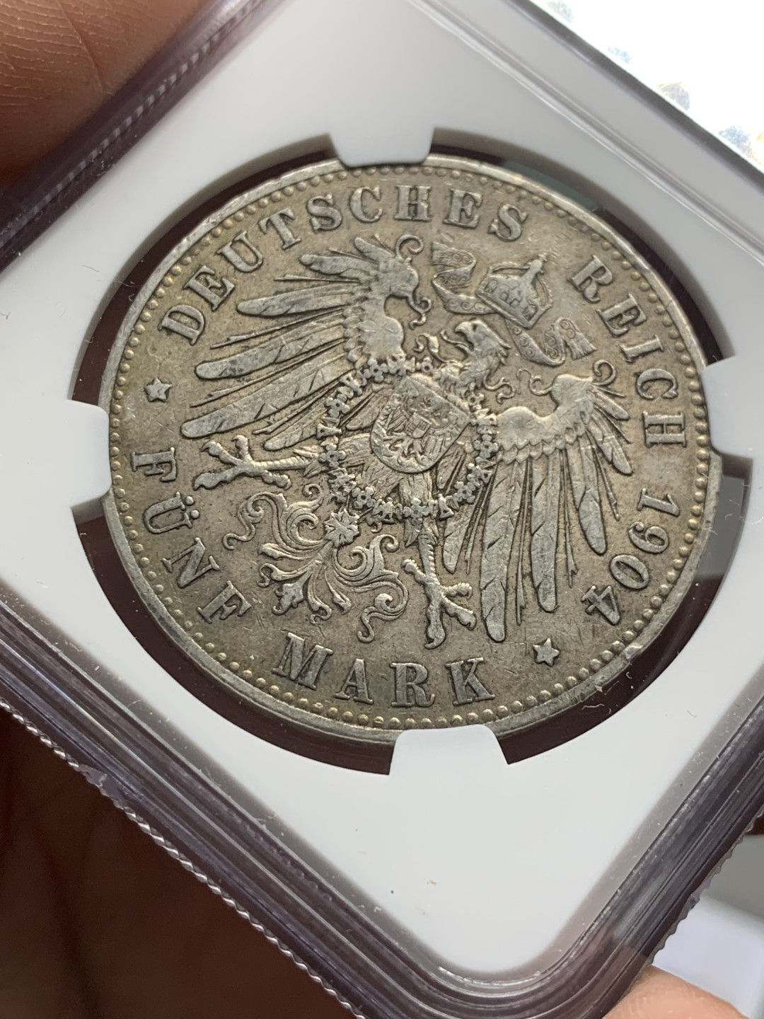 《竞宝斋》第123场-周日，周一 ，2场连拍（全场包邮） NGC-XF45 德国普鲁士 1904年 威廉二世 5马克大银币 原味好品 出分难得