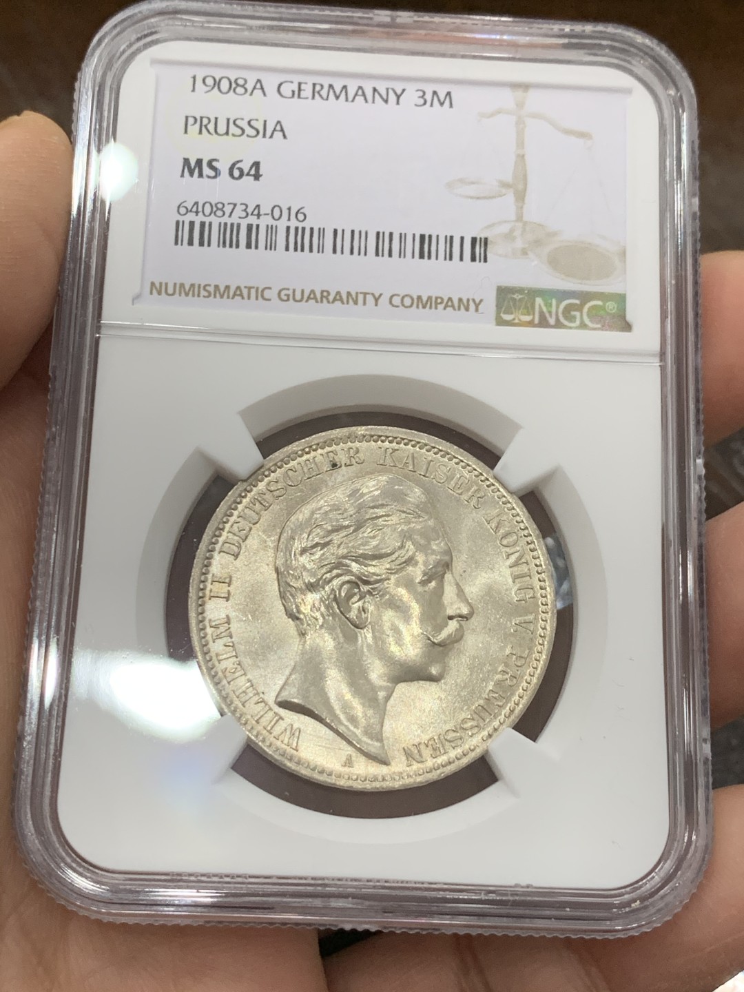 《竞宝斋》第123场-周日，周一 ，2场连拍（全场包邮） NGC-MS64 德国普鲁士1908年 威廉二世 3马克银币 耀眼的车轮光