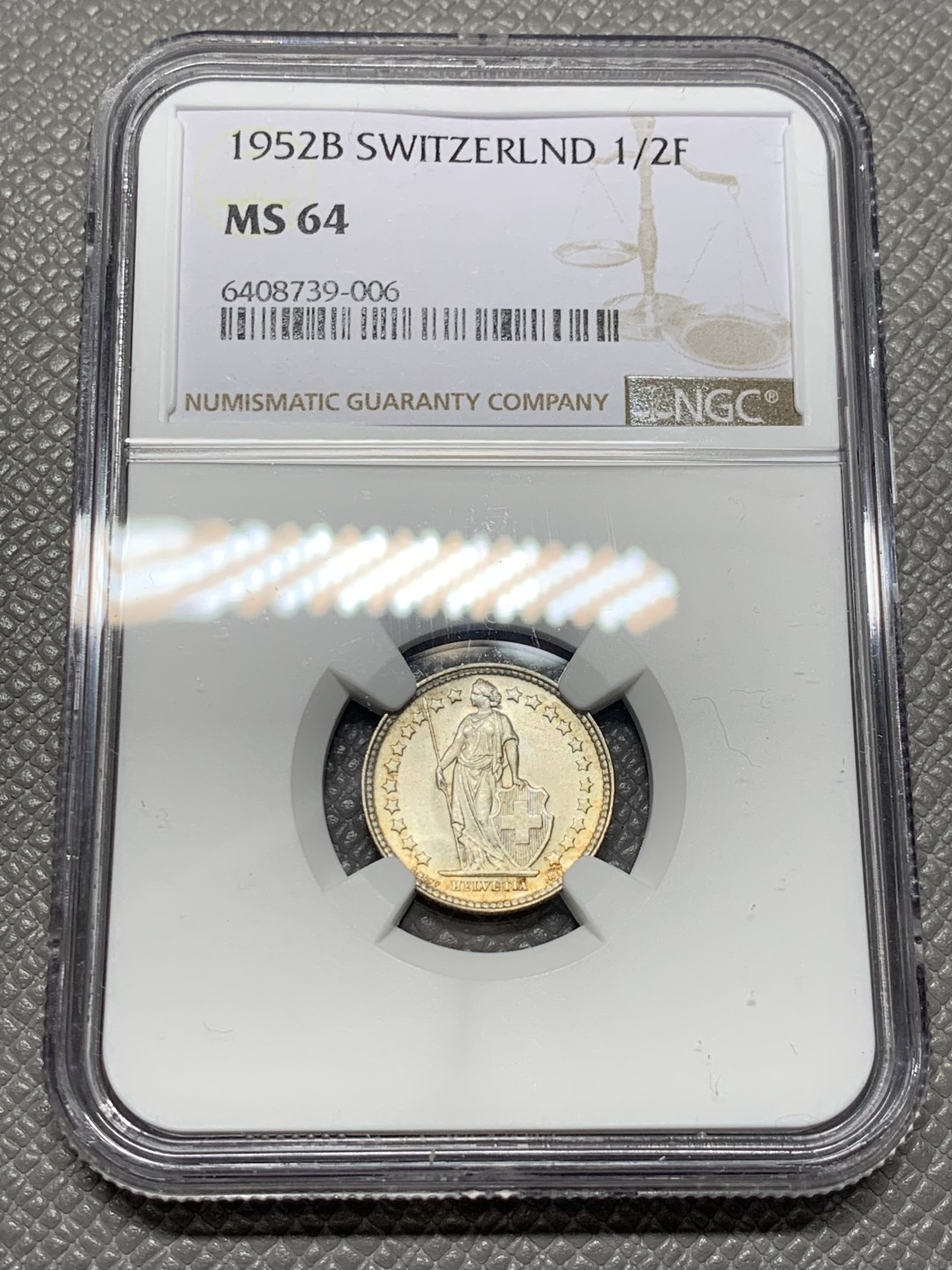 《竞宝斋》第123场-周日，周一 ，2场连拍（全场包邮） NGC-MS64 瑞士1952年 站人1/2法郎银币 原光好品