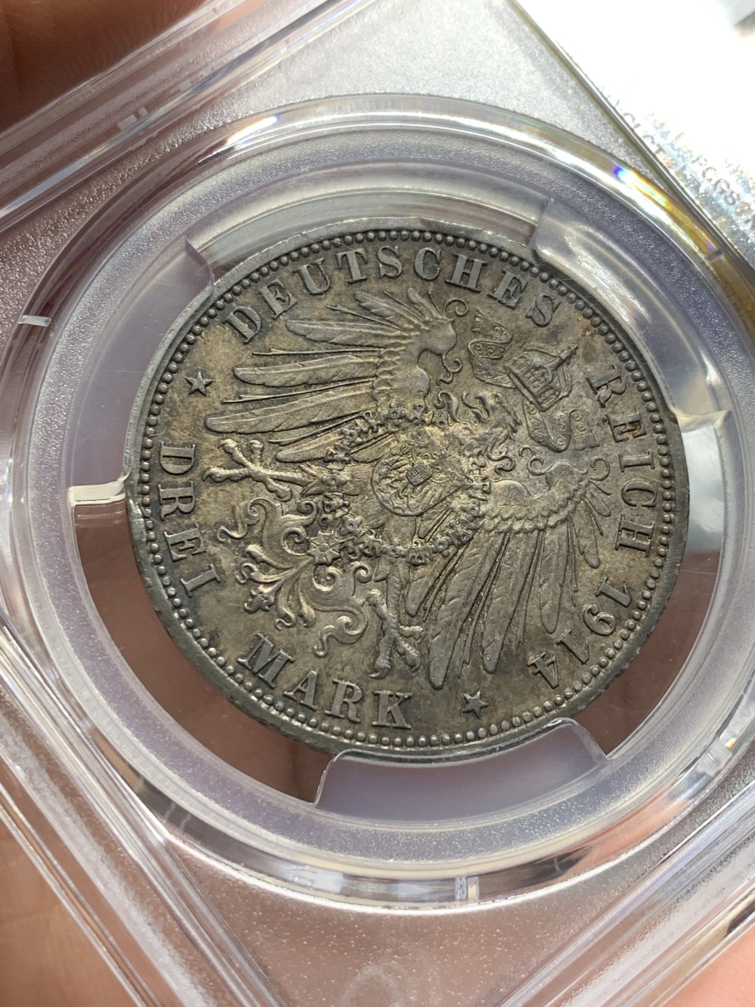 《竞宝斋》第123场-周日，周一 ，2场连拍（全场包邮） PCGS MS 62 1914年 安哈特 德绍 银婚 3马克，少有的老酱彩