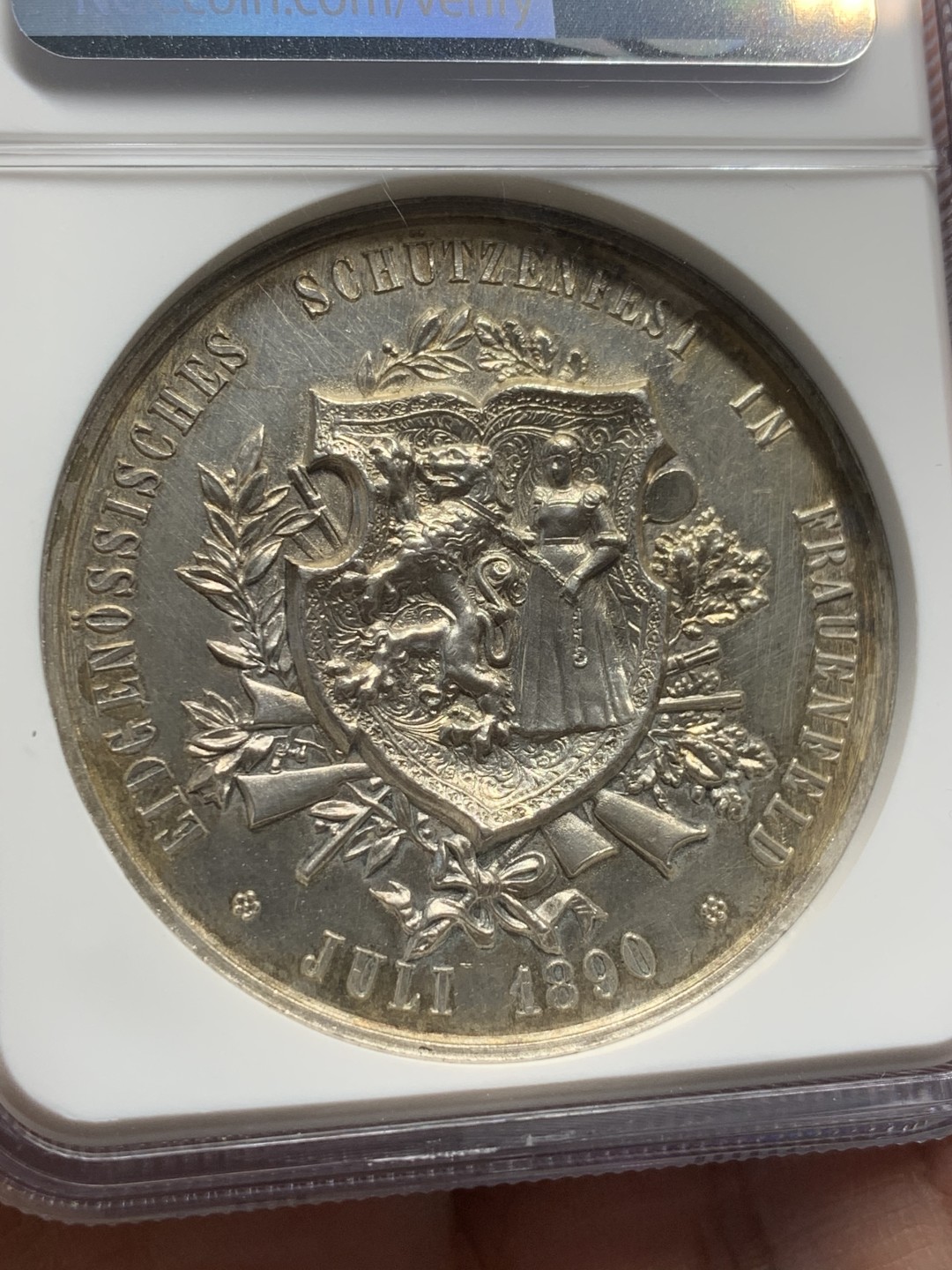 《竞宝斋》第123场-周日，周一 ，2场连拍（全场包邮） NGC UNC 瑞士1890弗劳恩菲尔德射击节银章 高浮雕 名誉品种