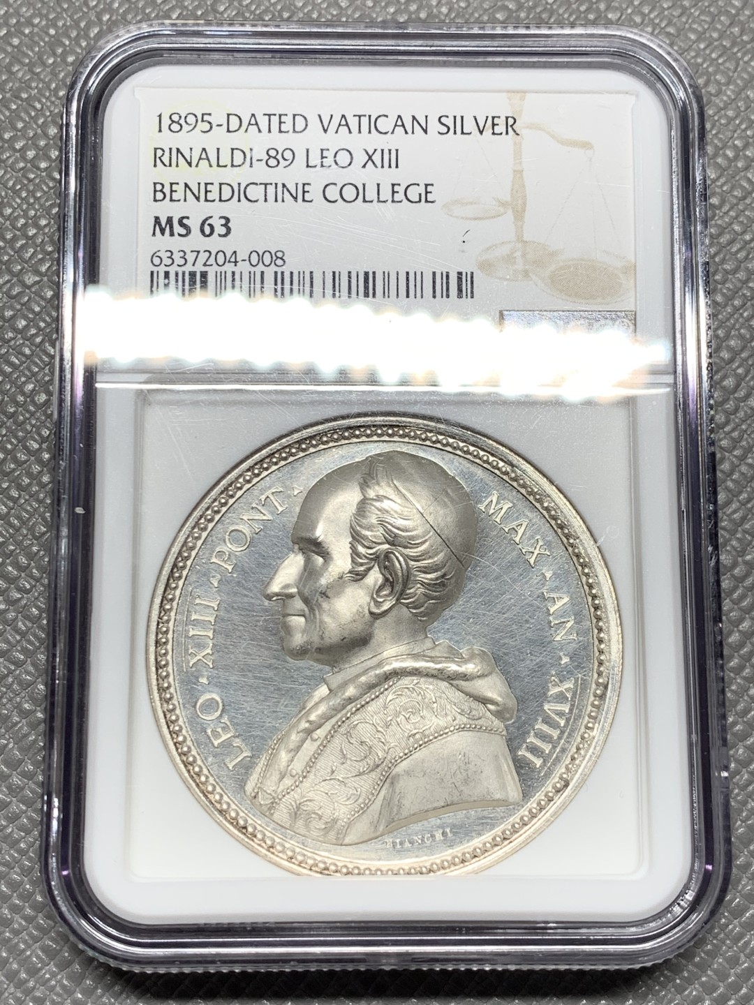 《竞宝斋》第123场-周日，周一 ，2场连拍（全场包邮） NGC MS63 梵蒂冈 1895年 利奥十三世 纪念银章 白净透亮 细节精制 非常好的品种