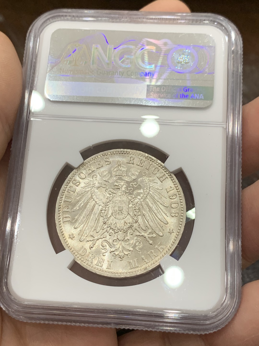《竞宝斋》第123场-周日，周一 ，2场连拍（全场包邮） NGC-MS64 德国普鲁士1908年 威廉二世 3马克银币 耀眼的车轮光