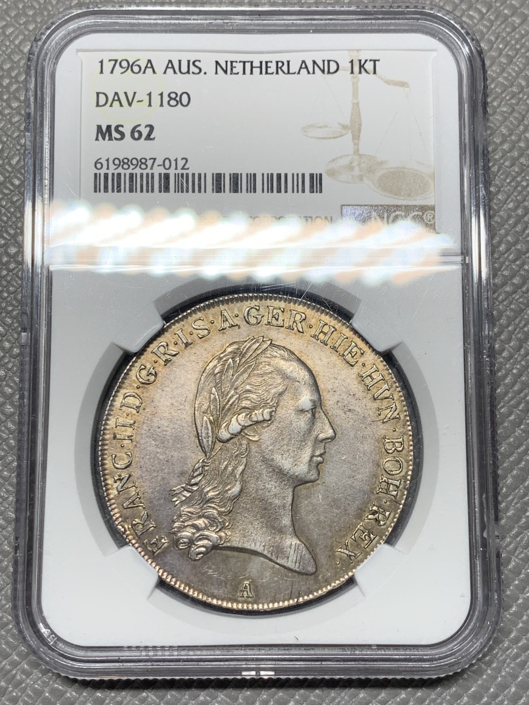 《竞宝斋》第123场-周日，周一 ，2场连拍（全场包邮） NGC-MS62 奥属尼德兰 1796年 弗朗茨二世 克朗塔勒大银币 光度和包浆兼具 国内极少 亚军分！