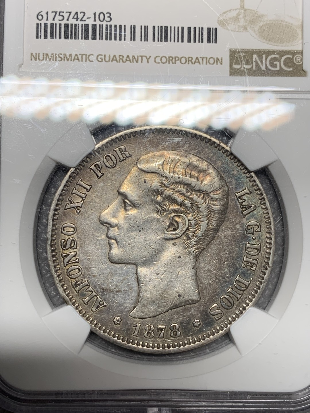 《竞宝斋》第123场-周日，周一 ，2场连拍（全场包邮） NGC XF 西班牙 1878年  阿方索十二世  5比塞塔银币 包浆很不错