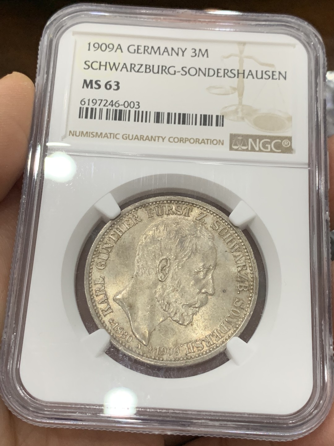 《竞宝斋》第123场-周日，周一 ，2场连拍（全场包邮） NGC-MS63 1909年 德国施瓦茨堡松德斯豪森3马克银币，黄油包浆，很少见的小邦马克，仅铸造这一年