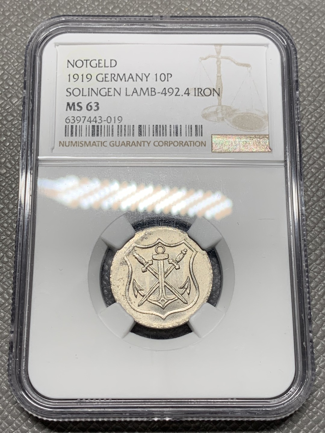 《竞宝斋》第123场-周日，周一 ，2场连拍（全场包邮） NGC-MS63 德国紧急状态 1919年 索林根10芬尼铁币 状态好 泛光状态