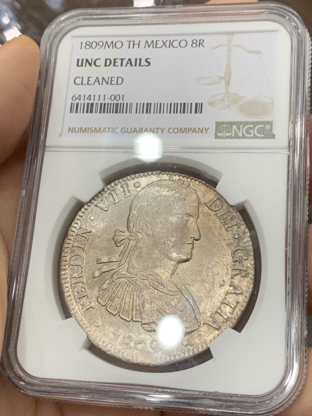 《竞宝斋》第123场-周日，周一 ，2场连拍（全场包邮） NGC UNC 墨西哥 1809年 费七 戎装版 8R 双柱大银币人像清晰 地板靓丽