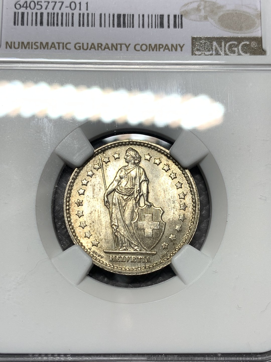 《竞宝斋》第123场-周日，周一 ，2场连拍（全场包邮） NGC-MS63 瑞士 1957年 赫尔维蒂亚 雪山女神 1法郎 银币