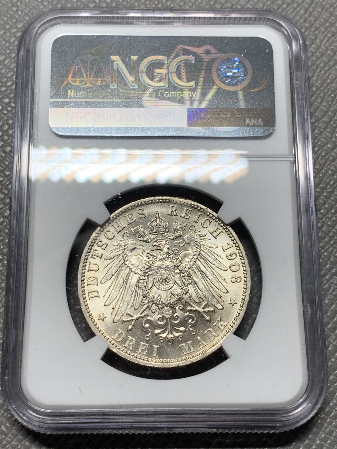 《竞宝斋》第123场-周日，周一 ，2场连拍（全场包邮） NGC-MS64 德国普鲁士1908年 威廉二世 3马克银币 耀眼的车轮光