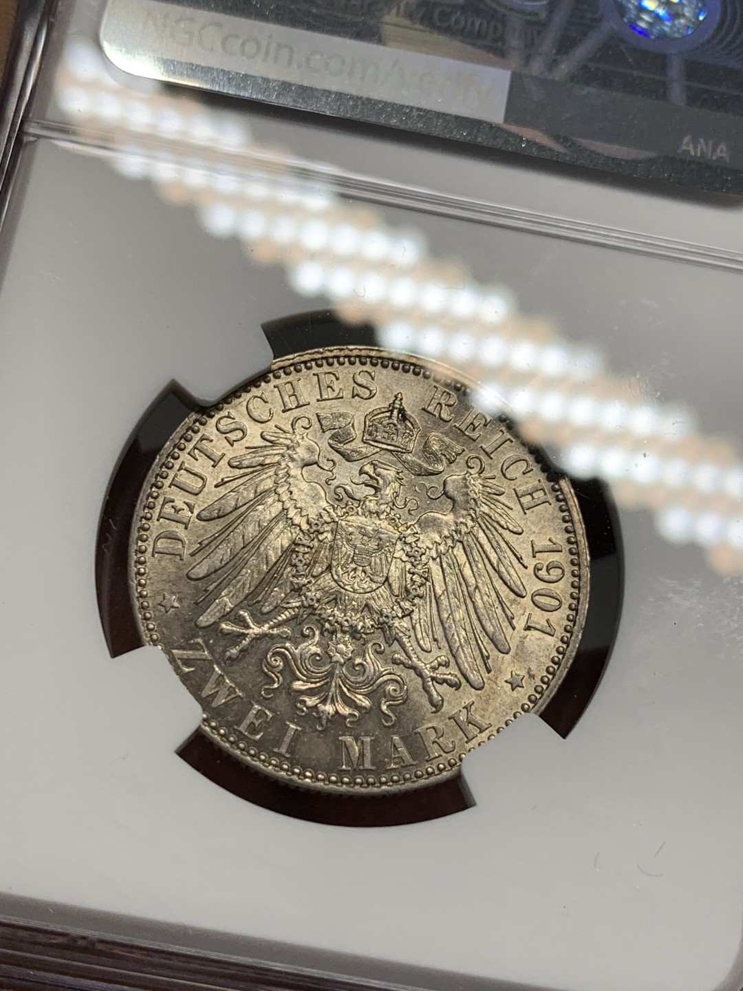 《竞宝斋》第123场-周日，周一 ，2场连拍（全场包邮） NGC-MS62 德国普鲁士 1901年 两百周年纪念 2马克银币 小面值品好难得