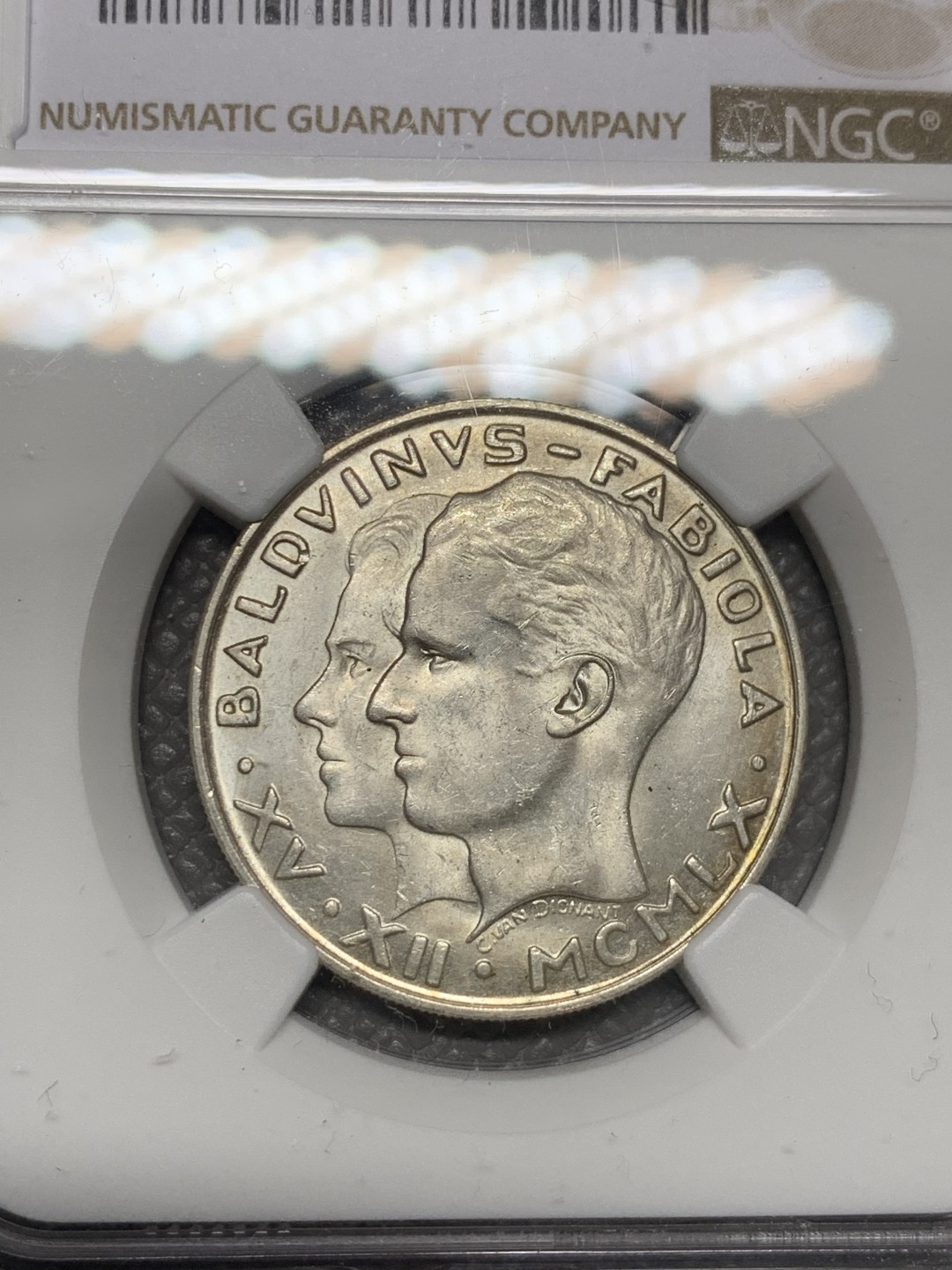 《竞宝斋》第123场-周日，周一 ，2场连拍（全场包邮） NGC-MS64 比利时1960年 金婚50法郎银币 顶级品相 少见品种