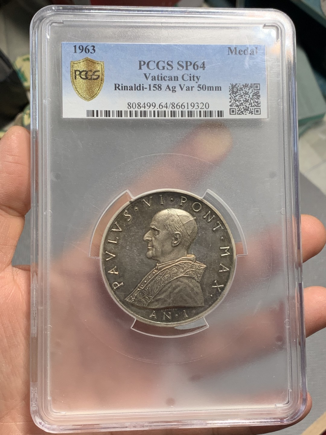 《竞宝斋》第123场-周日，周一 ，2场连拍（全场包邮） PCGS  MS-64  梵蒂冈   1963年  教皇保罗六世银章，镜面底板 大盒封装