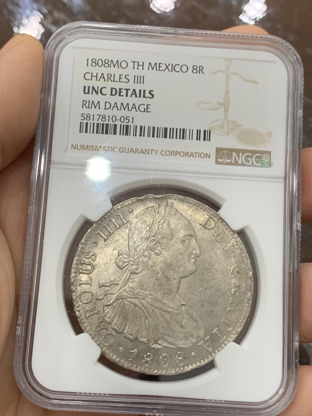《竞宝斋》第123场-周日，周一 ，2场连拍（全场包邮） NGC UNC 墨西哥 1808年 卡四 双柱 8R 大银币 正反深打底光好 状态见图