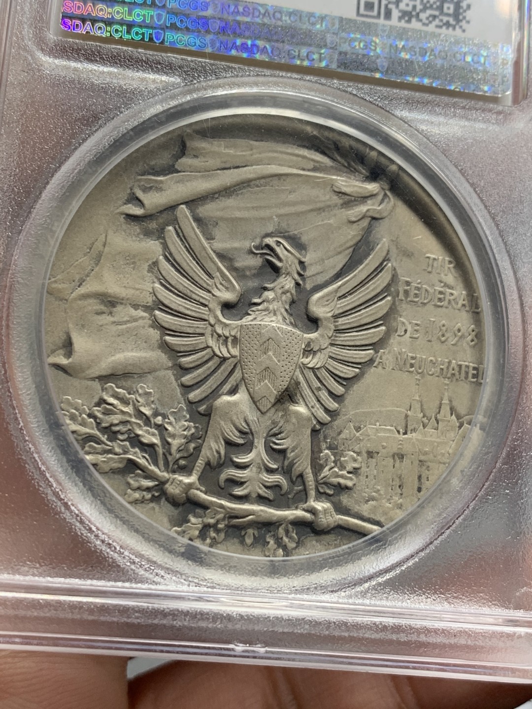 《竞宝斋》第123场-周日，周一 ，2场连拍（全场包邮） PCGS SP64 1898年瑞士纳沙泰尔射击节大银章 品相完美 收藏级