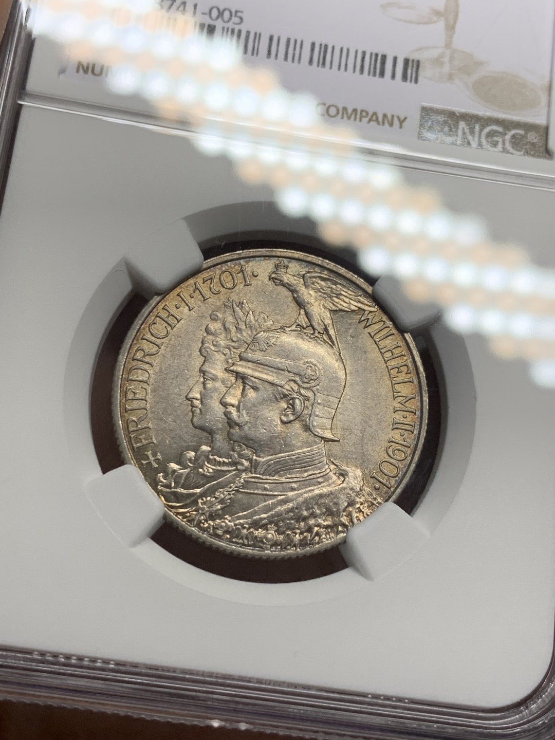 《竞宝斋》第123场-周日，周一 ，2场连拍（全场包邮） NGC-MS62 德国普鲁士 1901年 两百周年纪念 2马克银币 小面值品好难得