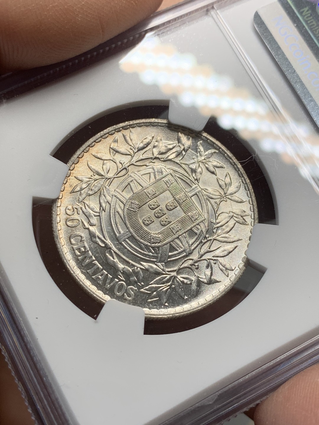 《竞宝斋》第123场-周日，周一 ，2场连拍（全场包邮） NGC-MS63 葡萄牙1916年 自由女神半圆银币 顶级曝光