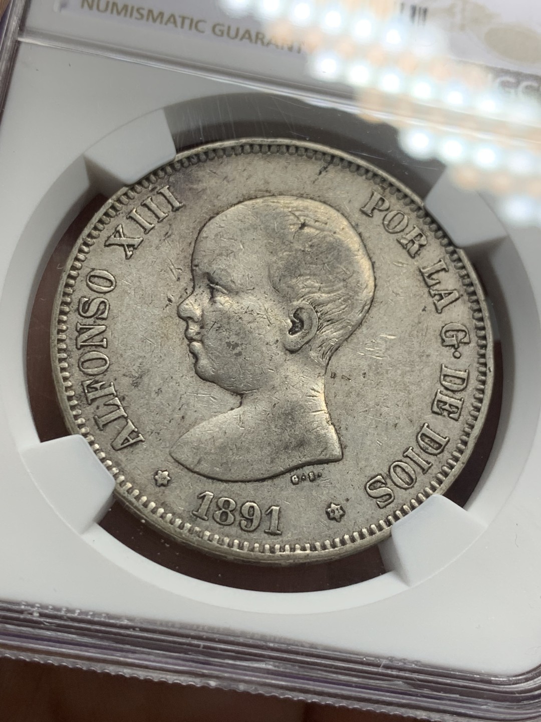 《竞宝斋》第123场-周日，周一 ，2场连拍（全场包邮） NGC-XF45 西班牙1891年 阿方索十三世 5比塞塔双柱大银币 原味好品