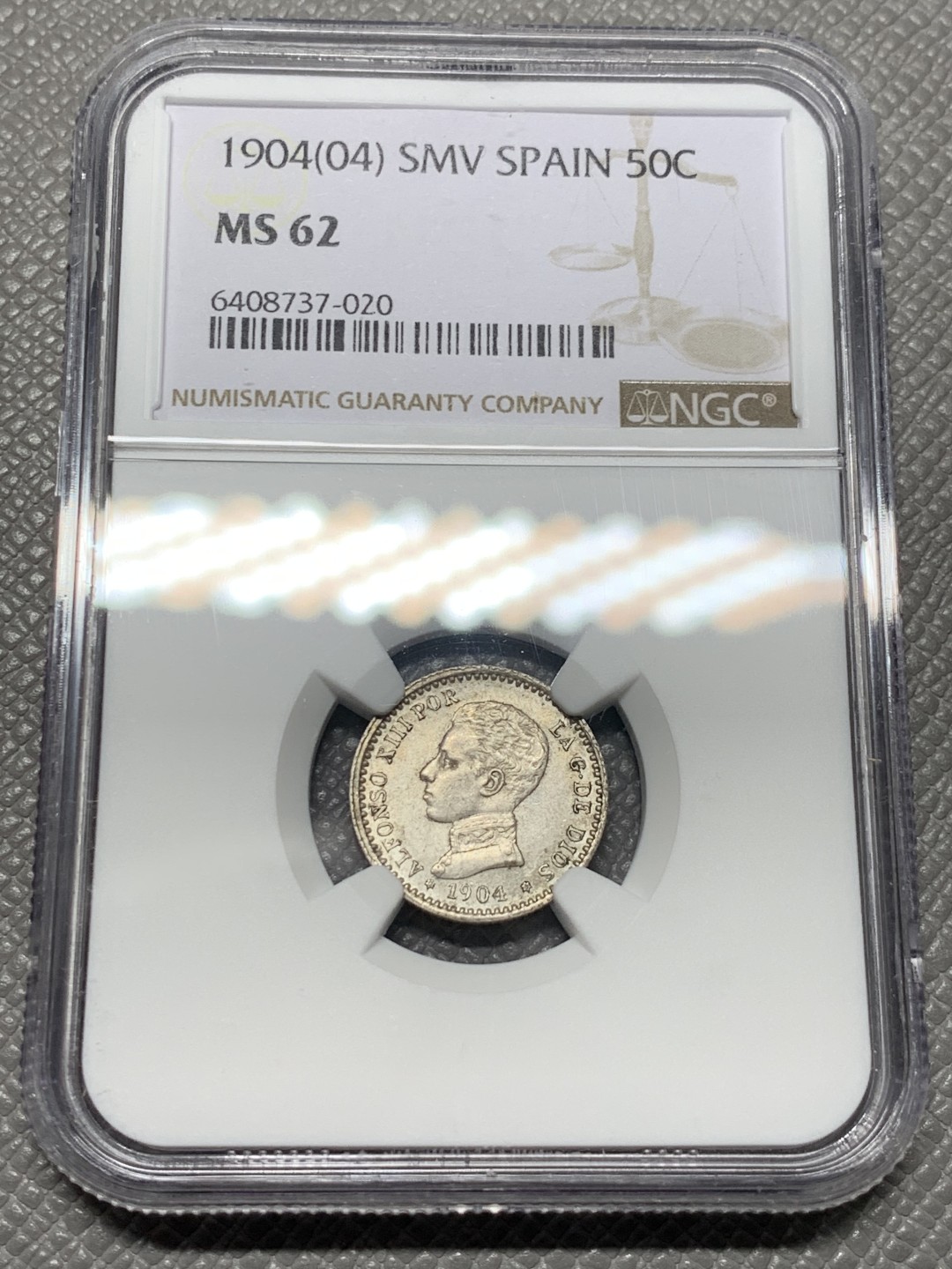 《竞宝斋》第123场-周日，周一 ，2场连拍（全场包邮） NGC-MS62 西班牙1904年 阿方索十三世戎装版 50分小双柱银币 较少版式