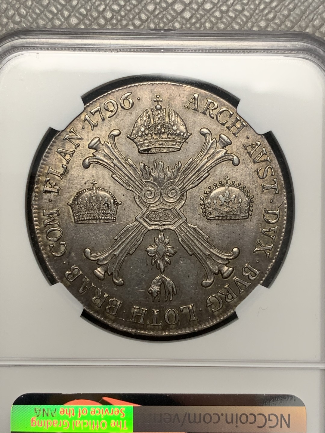 《竞宝斋》第123场-周日，周一 ，2场连拍（全场包邮） NGC-MS62 奥属尼德兰 1796年 弗朗茨二世 克朗塔勒大银币 光度和包浆兼具 国内极少 亚军分！