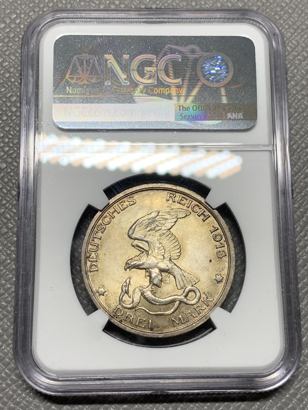 《竞宝斋》第123场-周日，周一 ，2场连拍（全场包邮） NGC-MS64 德国1913年 普法战争3马克银币 顶级品相带彩包浆非常漂亮