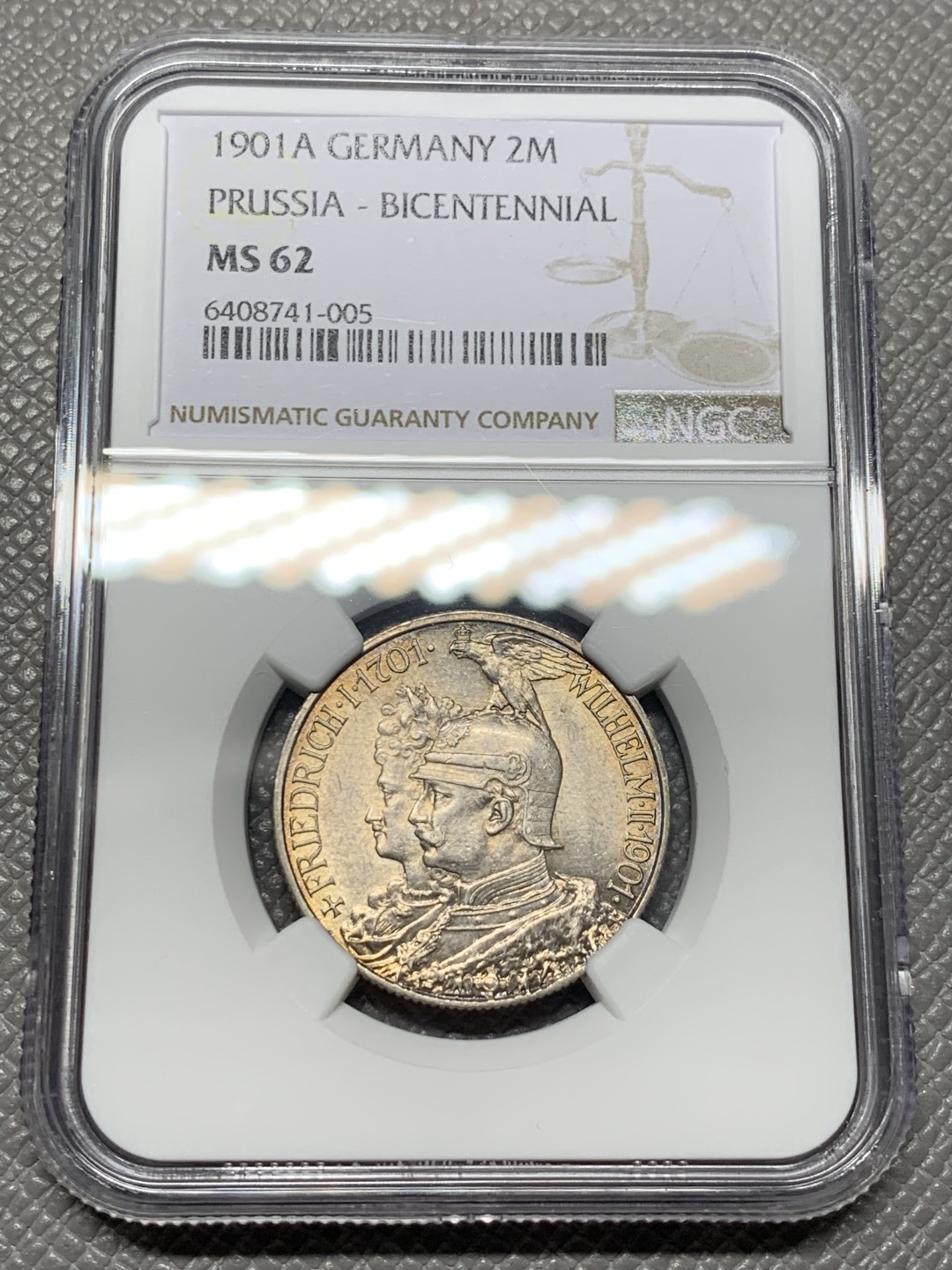 《竞宝斋》第123场-周日，周一 ，2场连拍（全场包邮） NGC-MS62 德国普鲁士 1901年 两百周年纪念 2马克银币 小面值品好难得