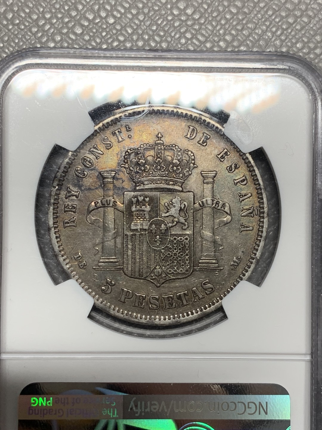《竞宝斋》第123场-周日，周一 ，2场连拍（全场包邮） NGC XF 西班牙 1878年  阿方索十二世  5比塞塔银币 包浆很不错