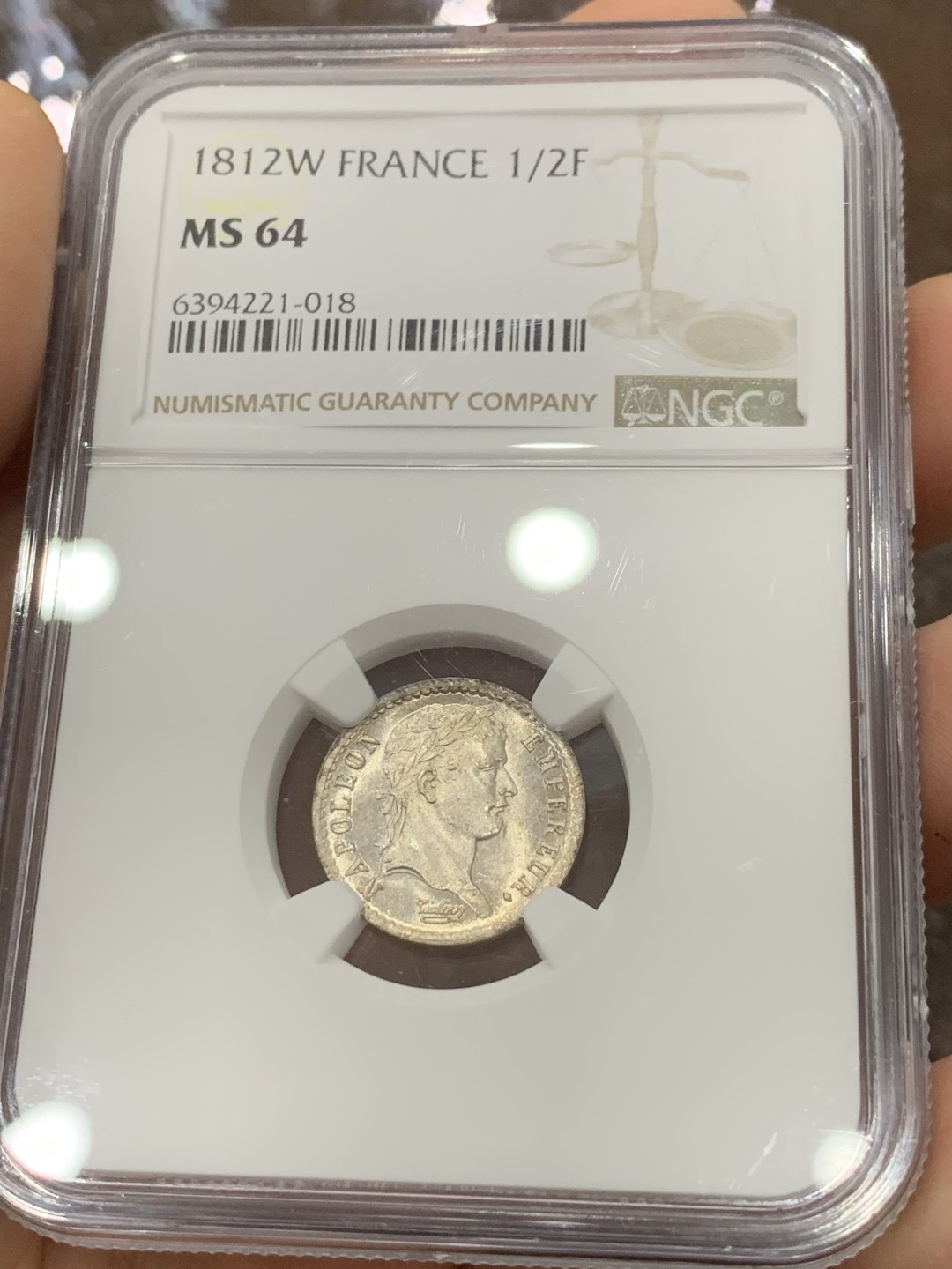 《竞宝斋》第123场-周日，周一 ，2场连拍（全场包邮） 唯一冠军分 NGC MS64 法国 1812W 拿破仑 1/2法郎 银币 超品状态 可收藏