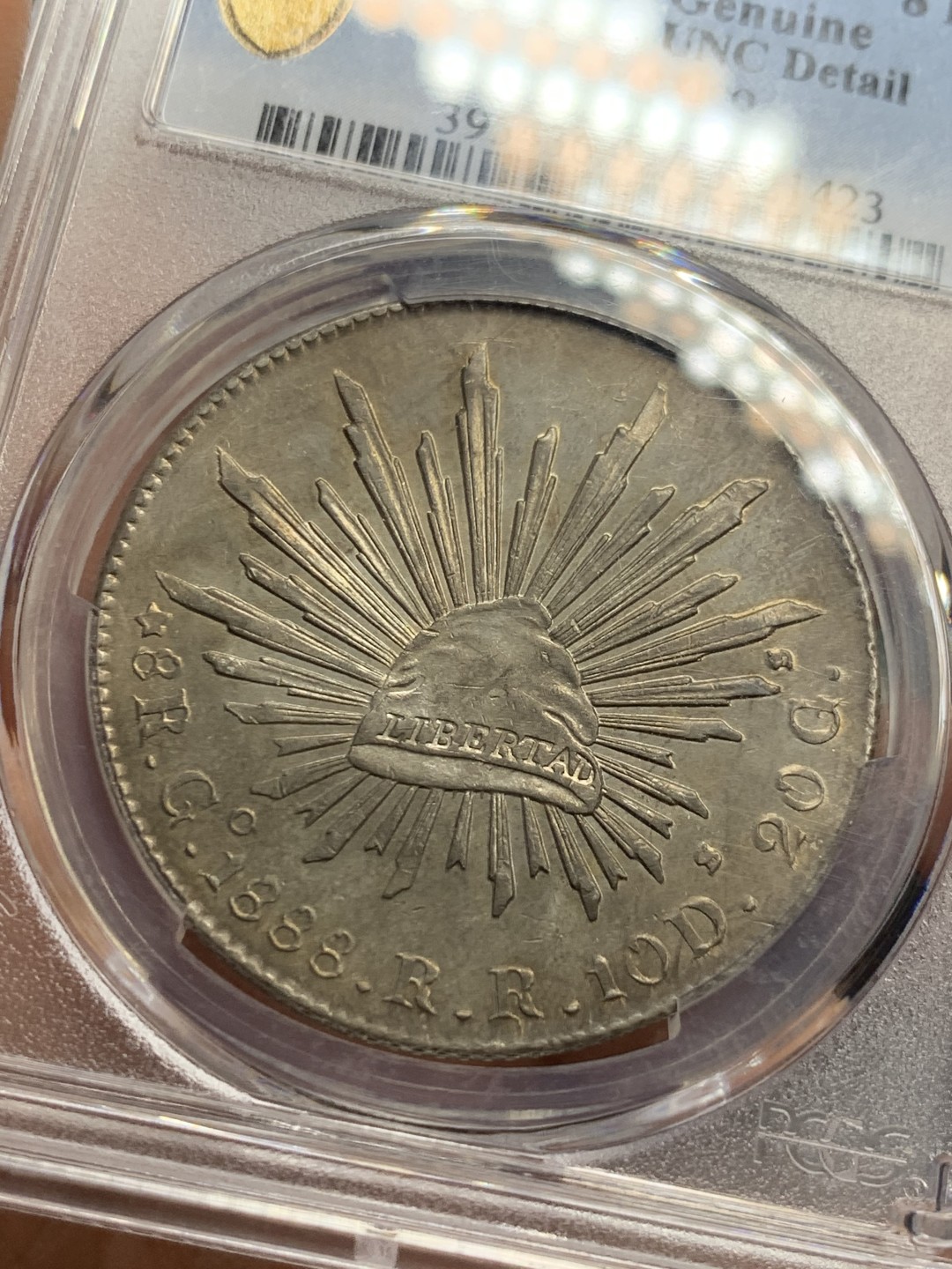 《竞宝斋》第123场-周日，周一 ，2场连拍（全场包邮） 墨西哥 1888年 PCGS UNCD 瓜纳华托 GO RR版 发财年花边鹰洋，光度、包浆都到位，严评