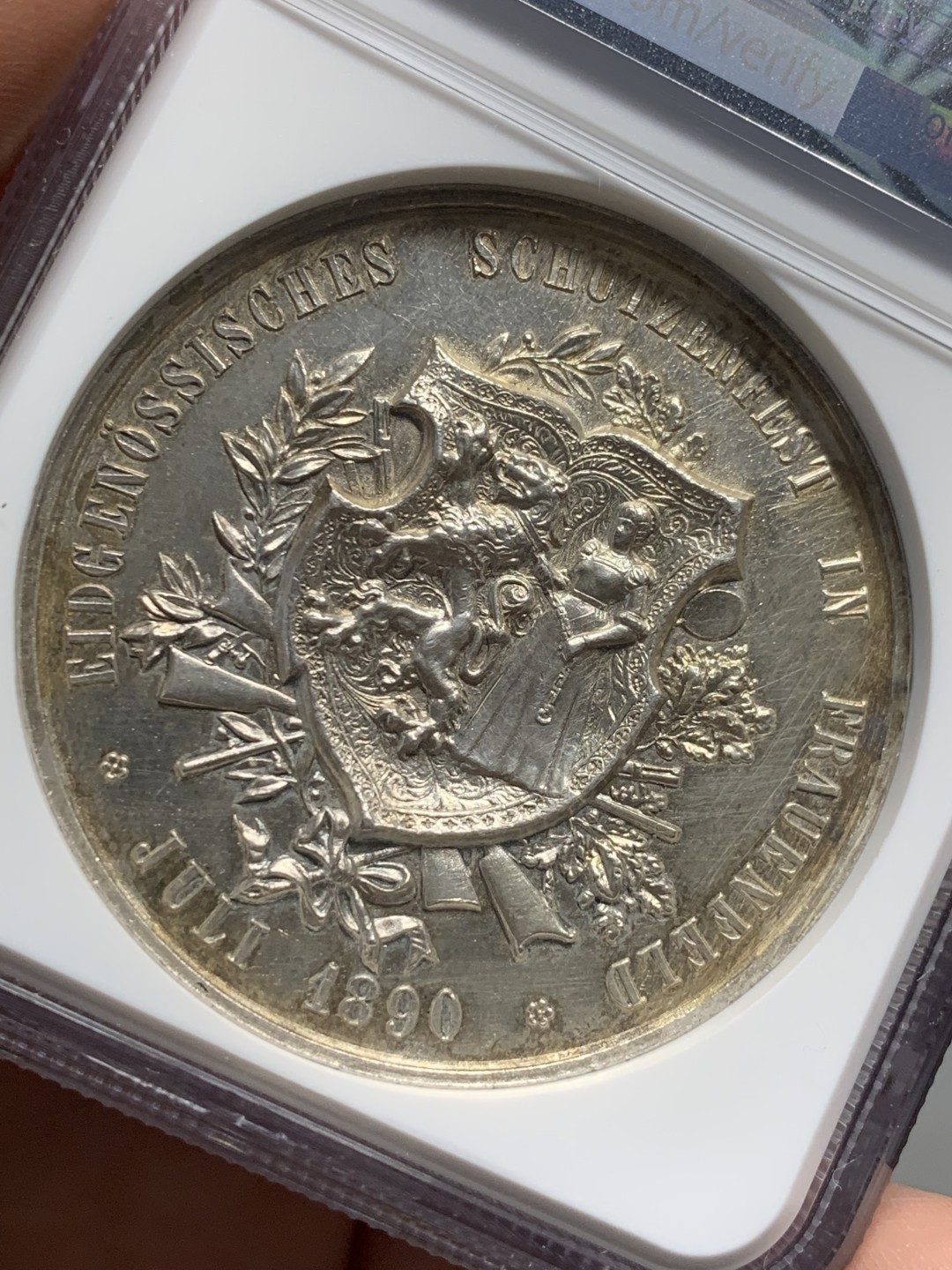《竞宝斋》第123场-周日，周一 ，2场连拍（全场包邮） NGC UNC 瑞士1890弗劳恩菲尔德射击节银章 高浮雕 名誉品种