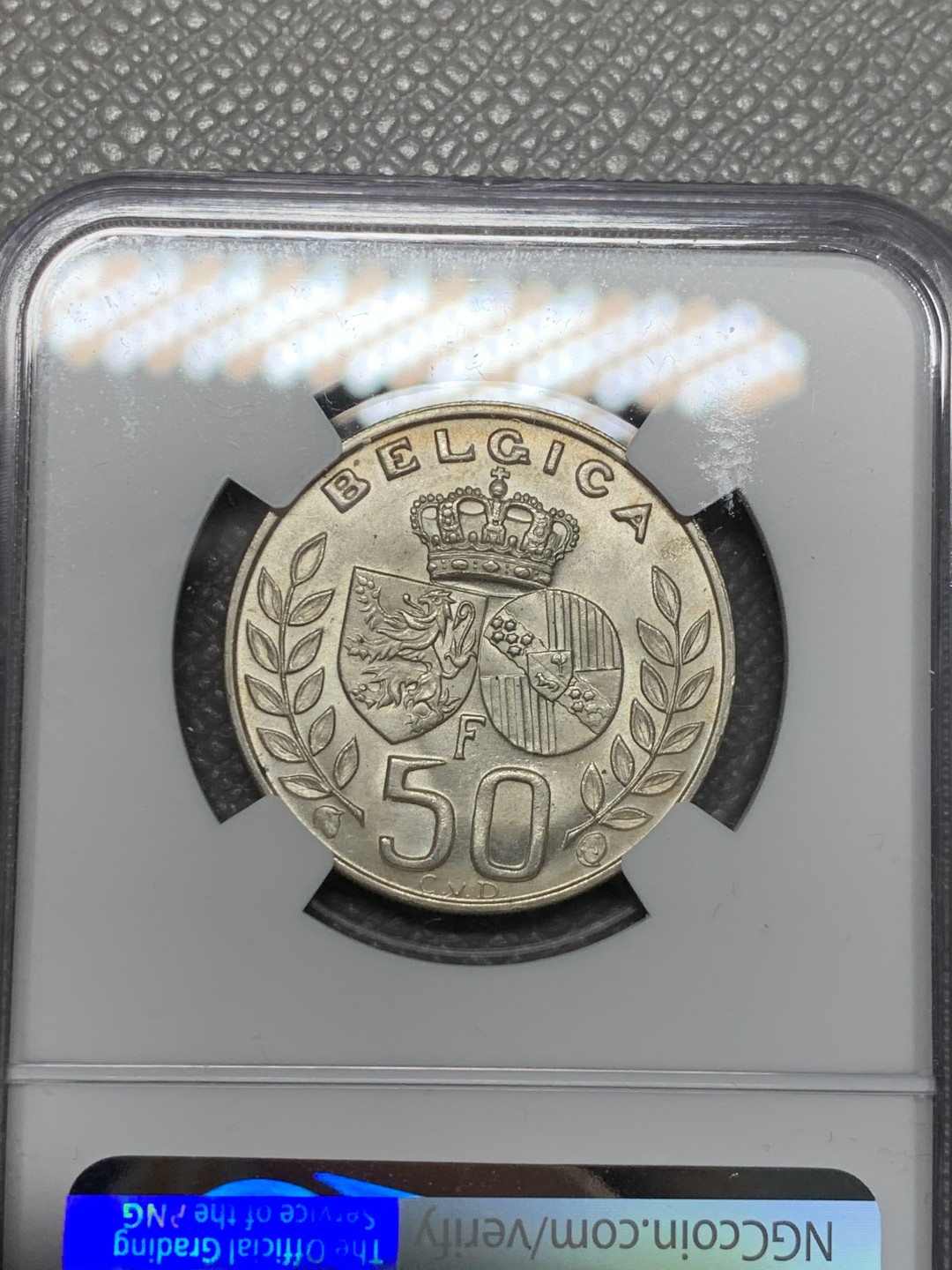 《竞宝斋》第123场-周日，周一 ，2场连拍（全场包邮） NGC-MS64 比利时1960年 金婚50法郎银币 顶级品相 少见品种