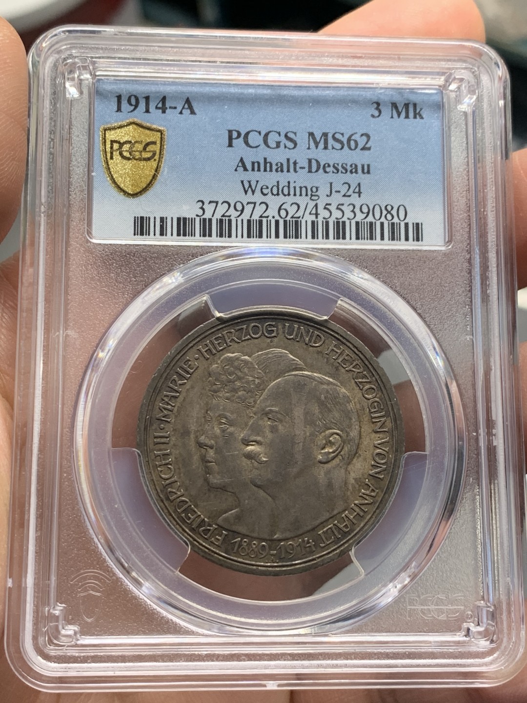 《竞宝斋》第123场-周日，周一 ，2场连拍（全场包邮） PCGS MS 62 1914年 安哈特 德绍 银婚 3马克，少有的老酱彩