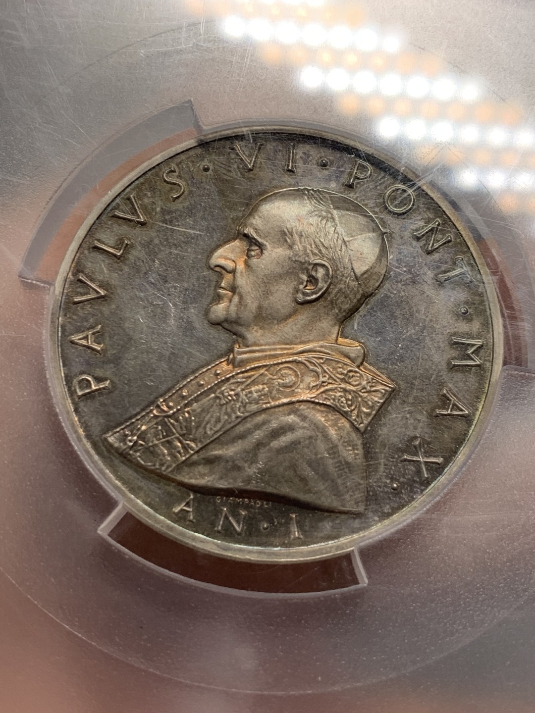 《竞宝斋》第123场-周日，周一 ，2场连拍（全场包邮） PCGS  MS-64  梵蒂冈   1963年  教皇保罗六世银章，镜面底板 大盒封装