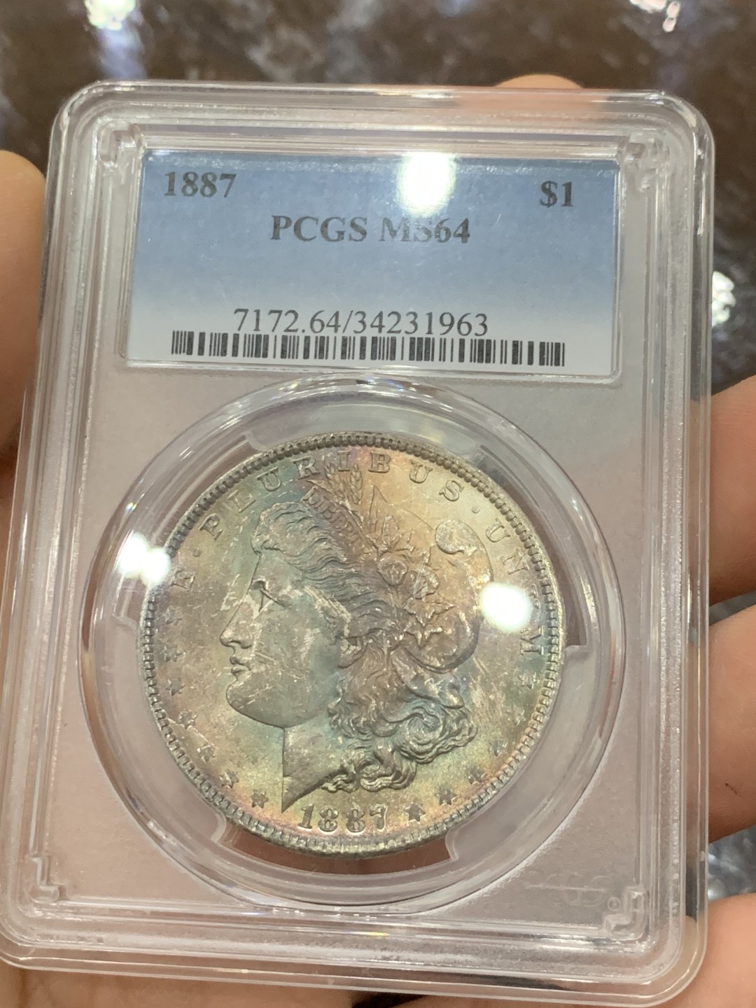 《竞宝斋》第123场-周日，周一 ，2场连拍（全场包邮） PCGS MS64 美国 1887年 摩根银币 五彩+环彩包浆 状态非常好