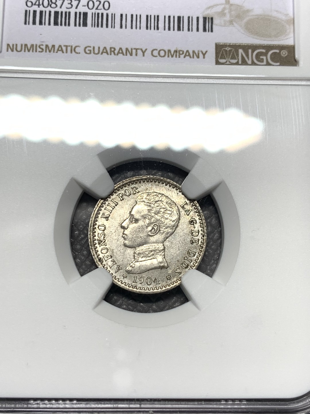 《竞宝斋》第123场-周日，周一 ，2场连拍（全场包邮） NGC-MS62 西班牙1904年 阿方索十三世戎装版 50分小双柱银币 较少版式