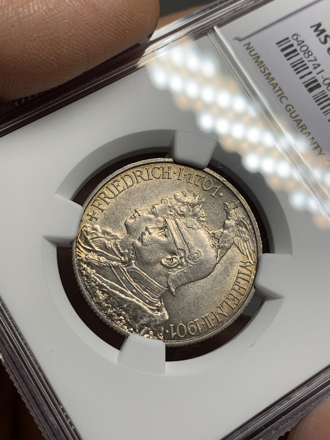 《竞宝斋》第123场-周日，周一 ，2场连拍（全场包邮） NGC-MS62 德国普鲁士 1901年 两百周年纪念 2马克银币 小面值品好难得