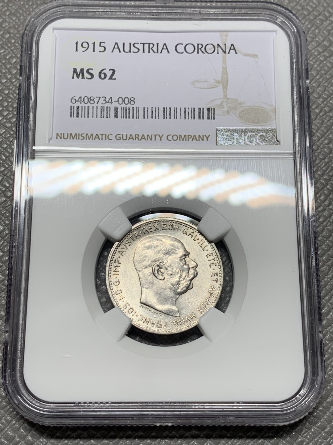《竞宝斋》第123场-周日，周一 ，2场连拍（全场包邮） NGC-MS62 奥地利1915年 佛兰茨一世 1克朗银币 原光好品