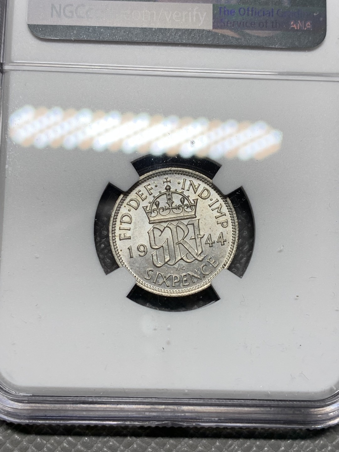 《竞宝斋》第123场-周日，周一 ，2场连拍（全场包邮） NGC-MS63 英国1944年 乔六6便士银币 顶级原光好品