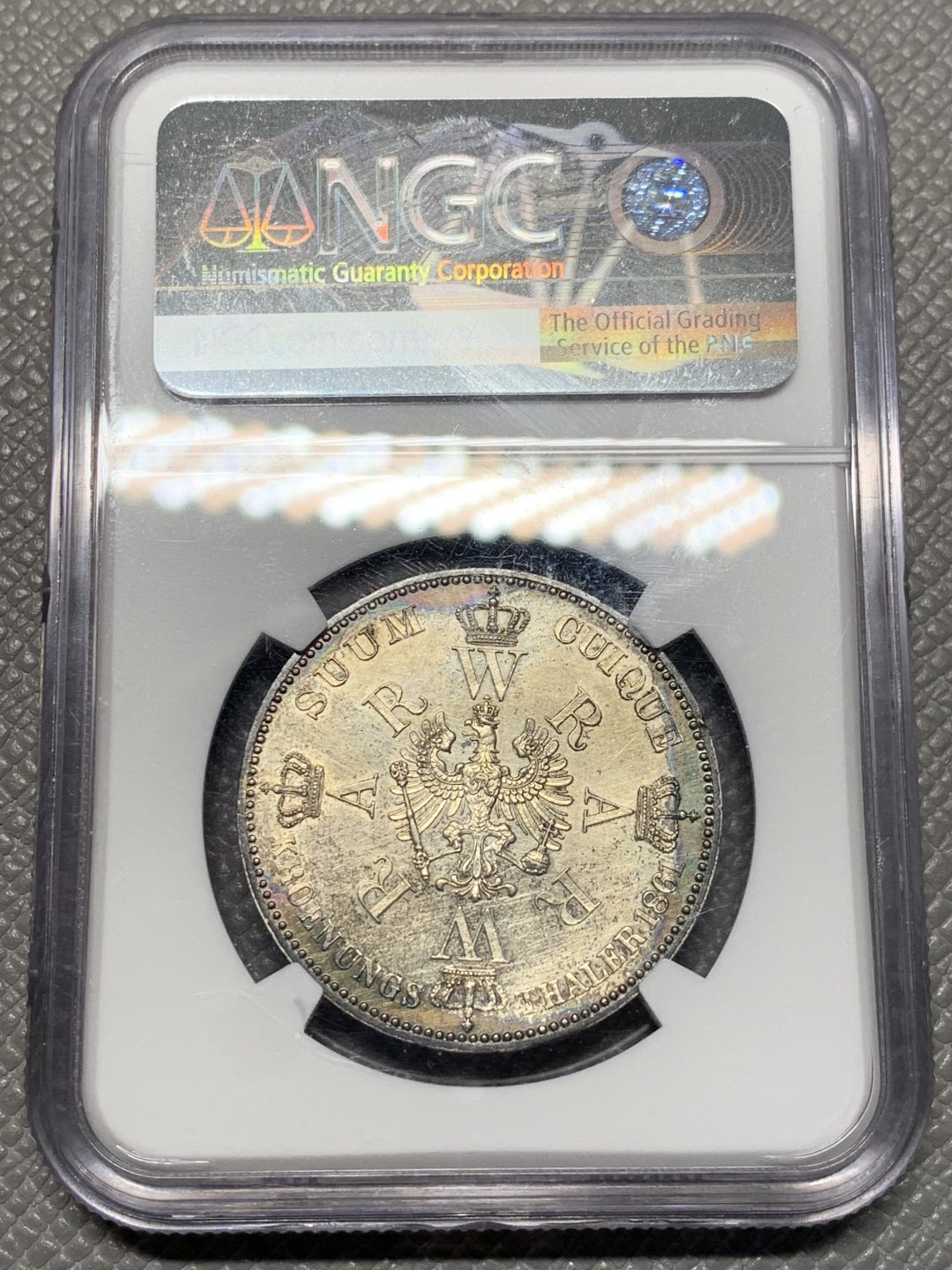 《竞宝斋》第123场-周日，周一 ，2场连拍（全场包邮） NGC UNC 德国 1861年 普鲁士  毛衣泰勒 银币 阴阳包浆 比较特别