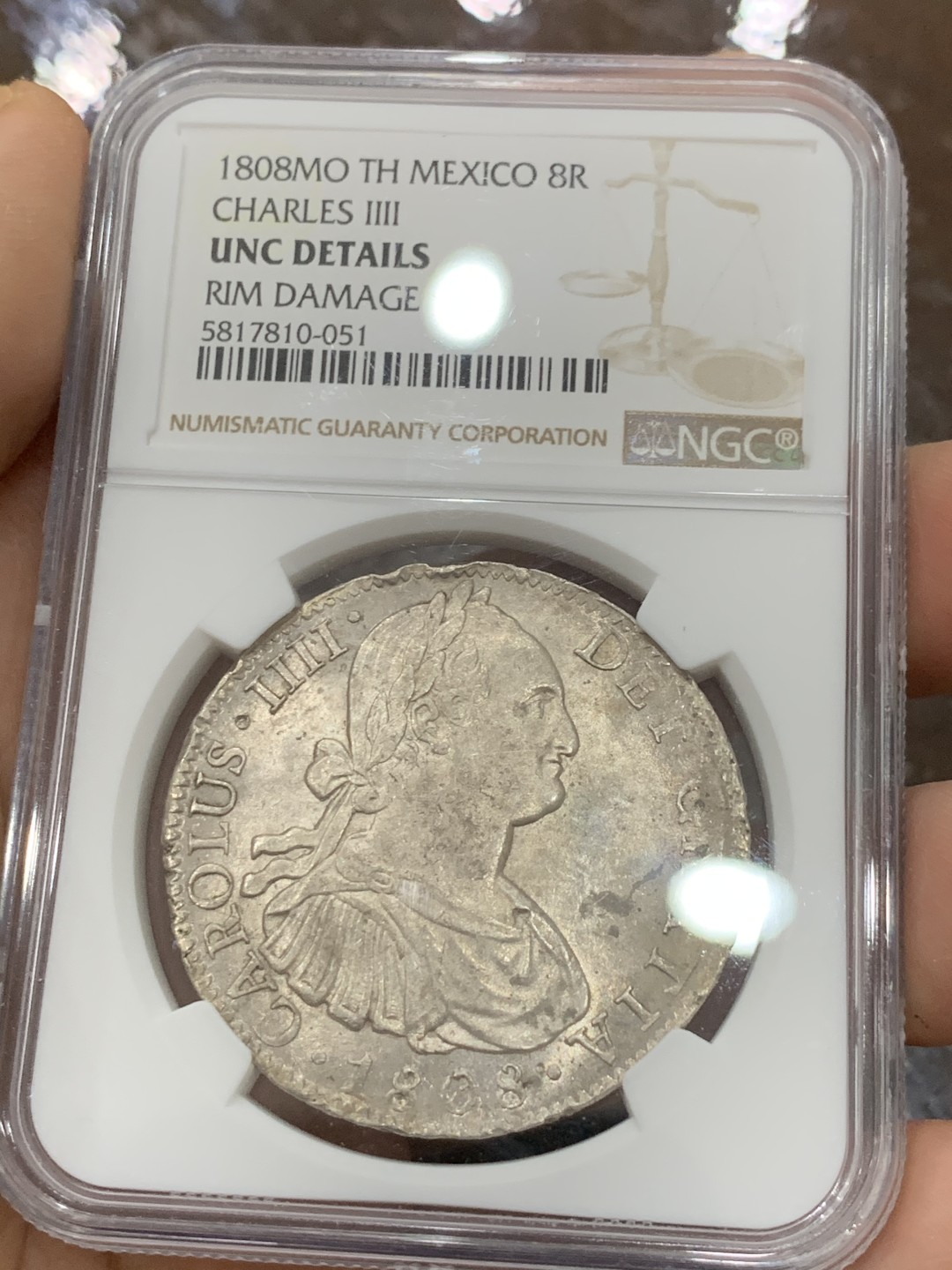 《竞宝斋》第123场-周日，周一 ，2场连拍（全场包邮） NGC UNC 墨西哥 1808年 卡四 双柱 8R 大银币 正反深打底光好 状态见图